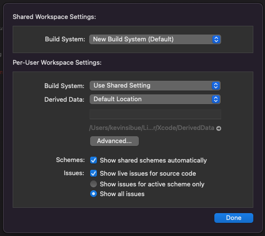 XCode: Workspace settings